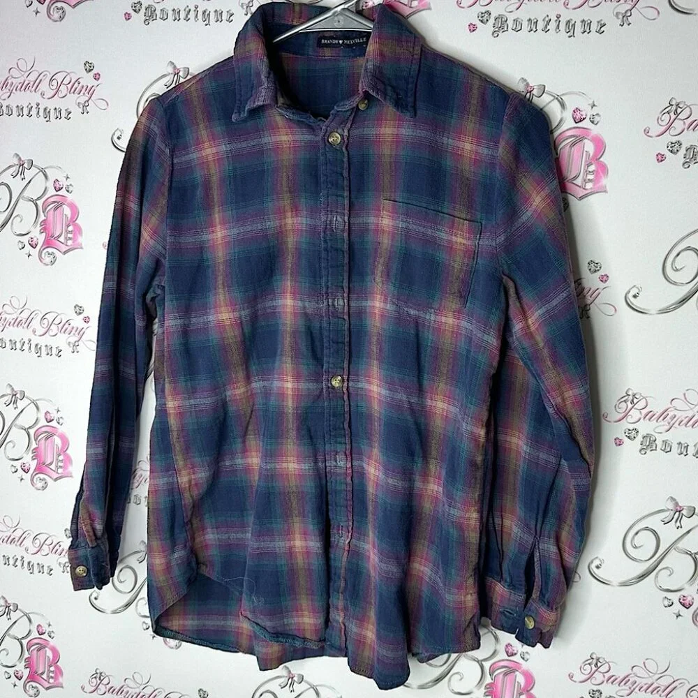 Brandy Melville button up plaid shirt purple blue pink buttons cute western